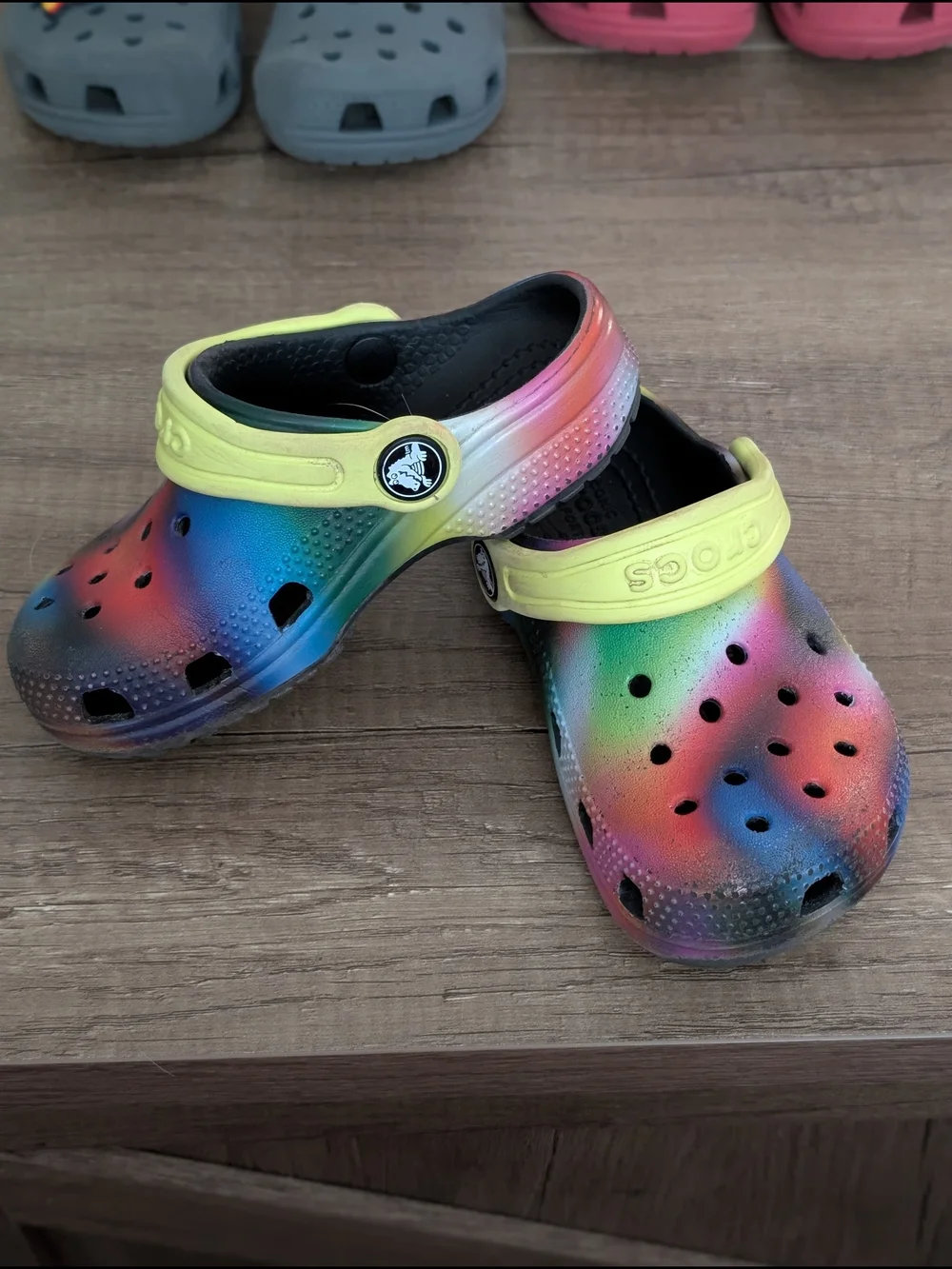 CROCS Kids Rainbow Tie-Dye Clogs with Yellow Straps